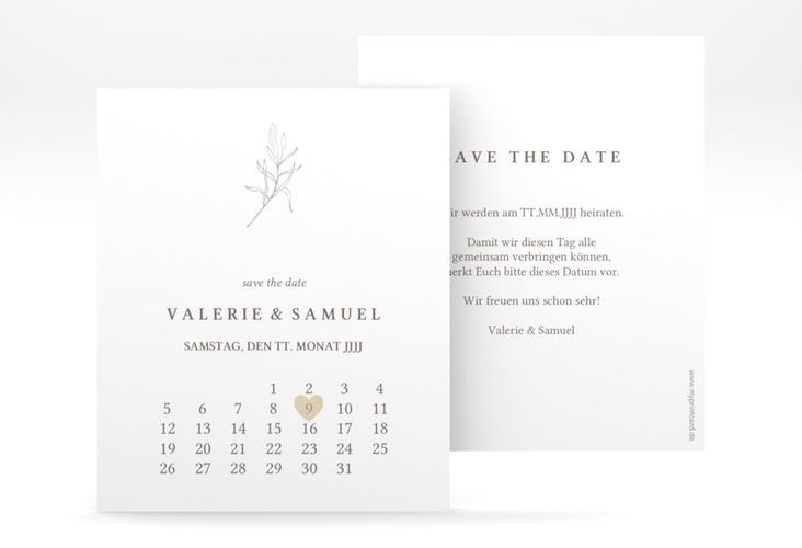 Save the Date-Kalenderblatt Ivy Kalenderblatt-Karte weiss hochglanz minimalistisch mit kleiner botanischer Illustration