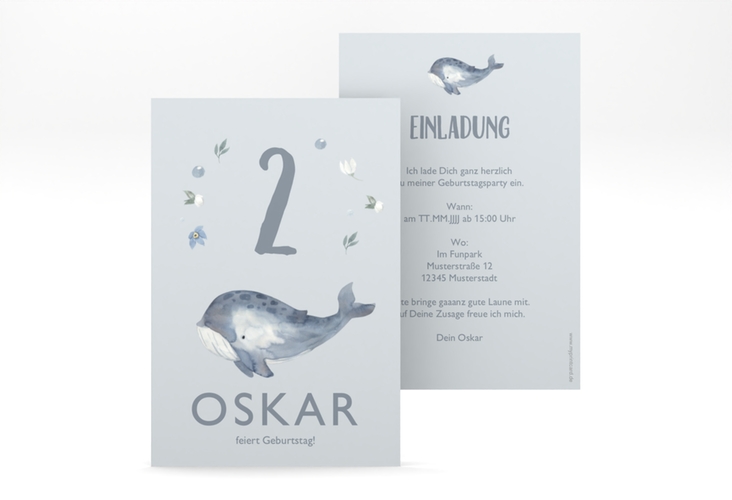Einladungskarte Kindergeburtstag Walfisch A6 Karte hoch mit niedlichem Wal in Aquarell