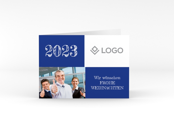 Geschäftliche Weihnachtskarte Partner A6 Klappkarte quer blau hochglanz modern mit Logo Ihrer Firma