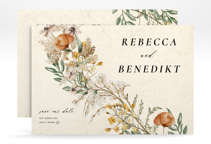 Save the Date-KarteWildfang A6 Karte quer beige mit getrockneten Wiesenblumen