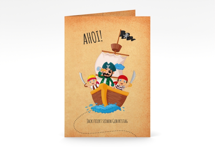 Einladungskarte Kindergeburtstag "Schatzkarte" DIN A6 Klappkarte mit Piraten auf See