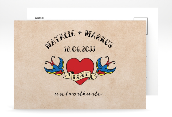 Antwortkarte Hochzeit Tattoo A6 Postkarte mit Herz und zwei Schwalben