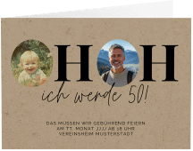 Einladung 50. Geburtstag Hoppla A6 Klappkarte quer Kraftpapier