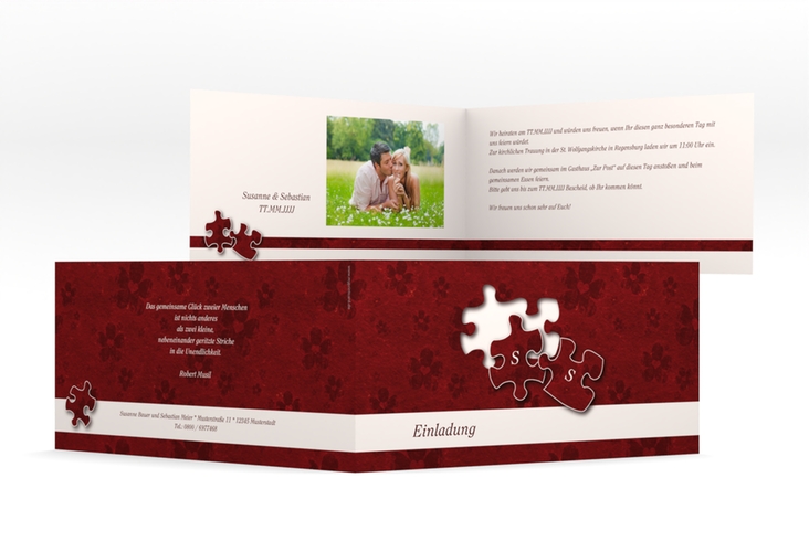 Hochzeitseinladung Ravensburg lange Klappkarte quer rot mit zwei Puzzleteilen