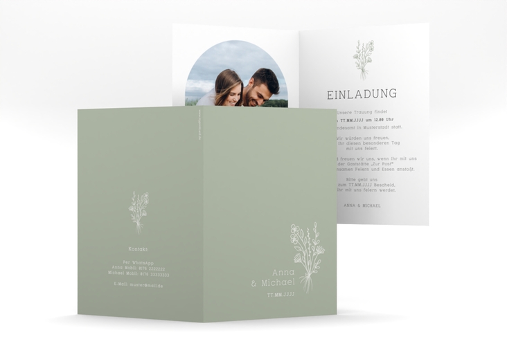 Einladungskarte Hochzeit Zarte Wildblumen A6 Klappkarte hoch gruen