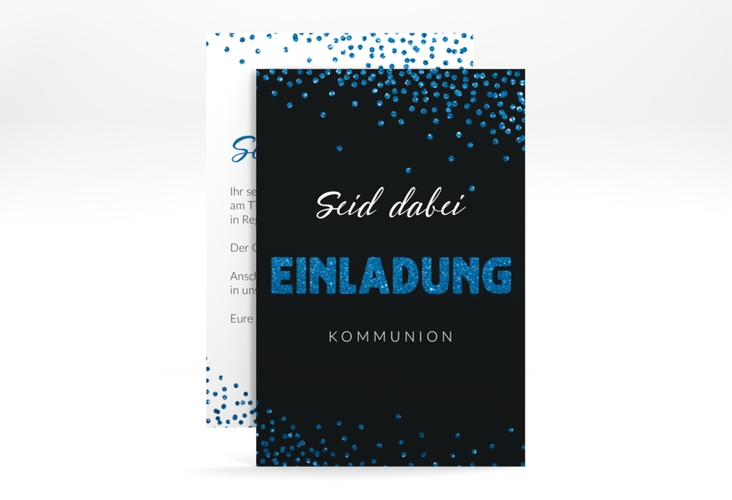 Kommunionseinladung Glittery A6 Karte hoch blau