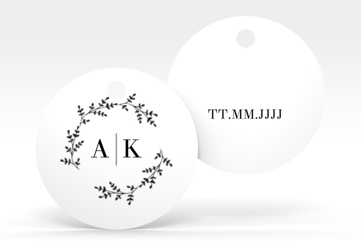 Geschenkanhänger Hochzeit Filigrana Geschenkanhänger, rund schwarz in reduziertem Design mit Initialen und zartem Blätterkranz