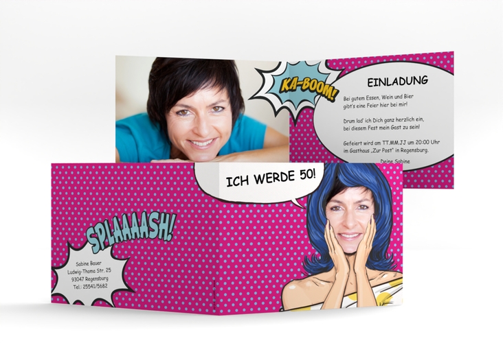 Einladung 50. Geburtstag Popart Woman A6 Klappkarte quer