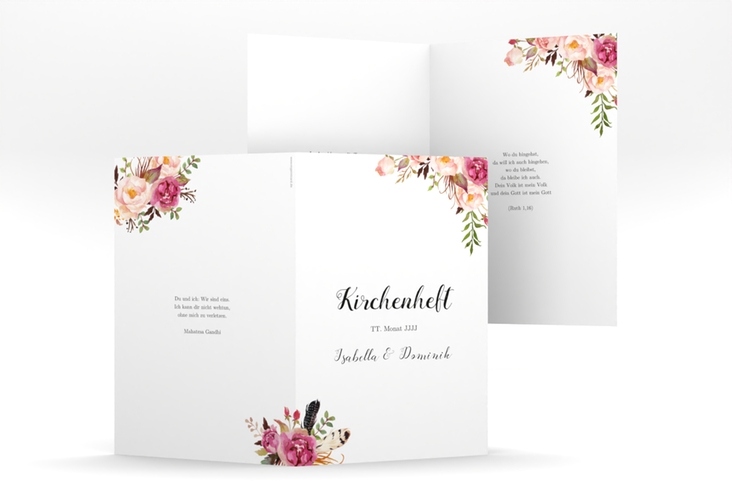 Kirchenheft Hochzeit Flowers A5 Klappkarte hoch weiss hochglanz mit bunten Aquarell-Blumen