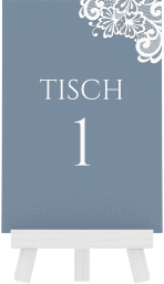 Klick: Details zu Tischnummer Hochzeit "Vintage" anzeigen Tischnummer Hochzeit Vintage Tischaufsteller blau mit floraler Spitze