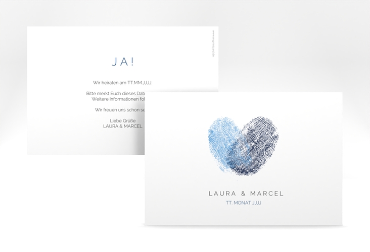 Save the Date-Karte Fingerprint A6 Karte quer blau schlicht mit Fingerabdruck-Motiv