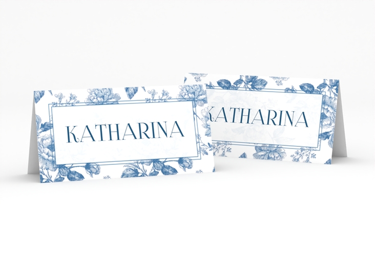 Tischkarte Hochzeit Blue Floral Tischkarten weiss mit blauem Blumenmuster auf weißem Grund