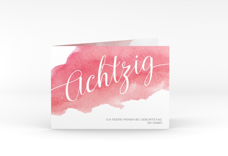 Einladung 80. Geburtstag Aquarell A6 Klappkarte quer mit erhobenem Skelett-Mittelfinger