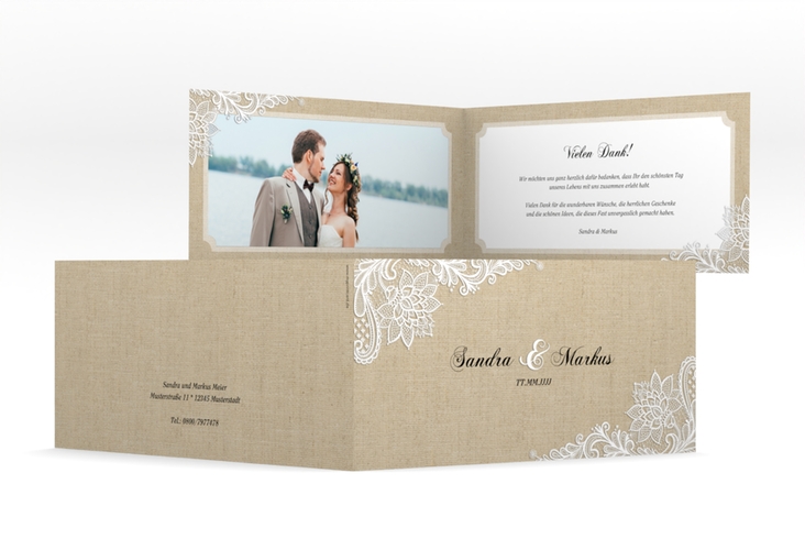 Danksagung Hochzeit  Lace lange Klappkarte quer beige in Leinen-Optik mit weißer Spitze