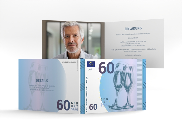 Einladung 60. Geburtstag Geldschein A6 Klappkarte quer