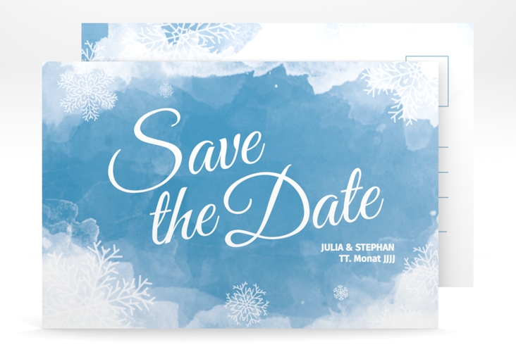 Save the Date-Postkarte Frozen A6 Postkarte blau hochglanz mit Winter-Design