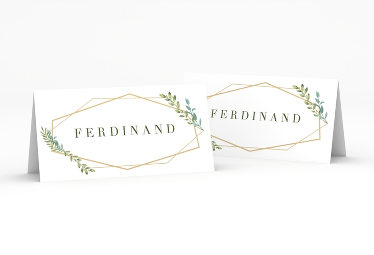 Tischkarte Hochzeit Herbarium Tischkarten gold hochglanz mit geometrischem Rahmen und Blätter-Dekor