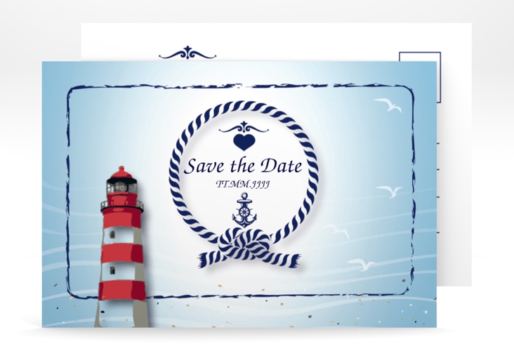 Save the Date-Postkarte Sylt A6 Postkarte blau hochglanz mit Leuchtturm