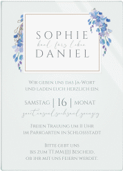 Acryl-Hochzeitseinladung Blauregen Acrylkarte hoch blau mit Wisteria-Blüten