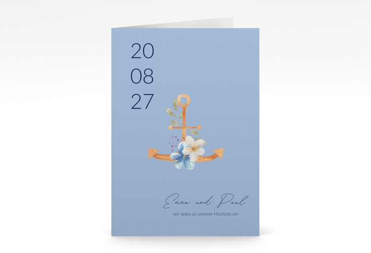 Einladungskarte Hochzeit Anker Floral A6 Klappkarte hoch blau hochglanz