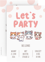 Einladungskarte Kindergeburtstag Kawaii A6 Karte hoch weiss mit kleinen Katzen im Chibi-Stil
