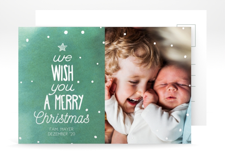Weihnachtskarte Schneeglitzern A6 Postkarte gruen mit Aquarellfarbe und Kinderfoto