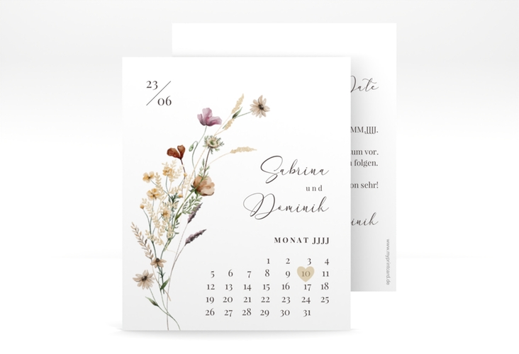 Save the Date-Kalenderblatt Sauvages Kalenderblatt-Karte hochglanz mit getrockneten Wiesenblumen