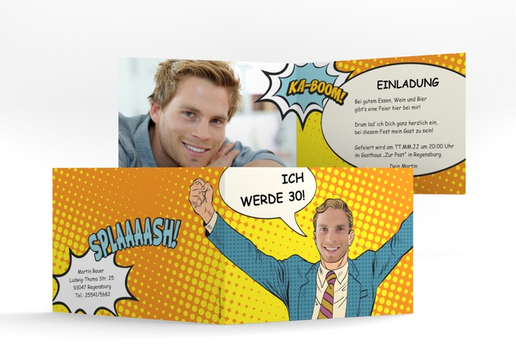 Einladung 30. Geburtstag Popart Man A6 Klappkarte quer