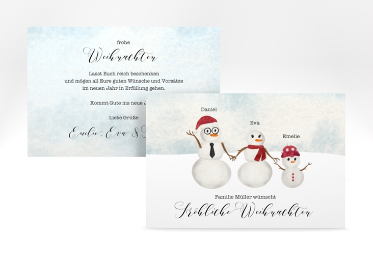 Weihnachtskarte Snowman Family A6 Karte quer rot für Weihnachtsgrüße mit Familienfoto
