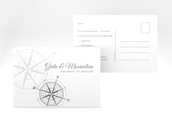 Antwortkarte Hochzeit Windrose A6 Postkarte grau hochglanz