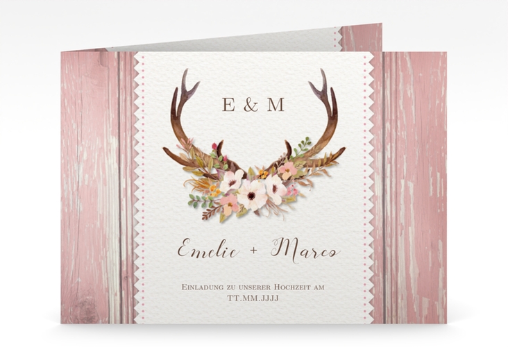 Hochzeitseinladung Heimatjuwel mittlere Klappkarte quer rosa mit Hirschgeweih und Holz-Hintergrund