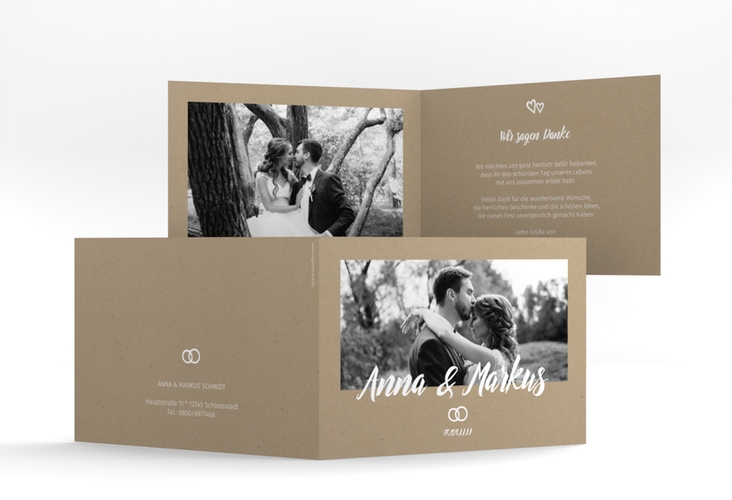 Dankeskarte Hochzeit Icons A6 Klappkarte quer in Kraftpapier-Optik mit Foto