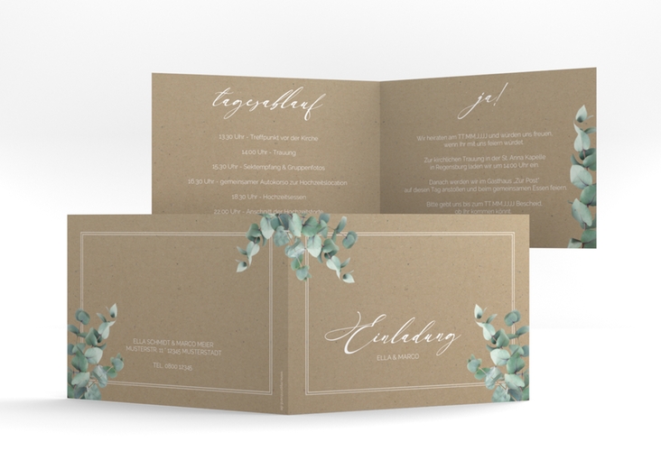 Hochzeitseinladung Eucalypt A6 Klappkarte quer Kraftpapier mit Eukalyptus und edlem Rahmen