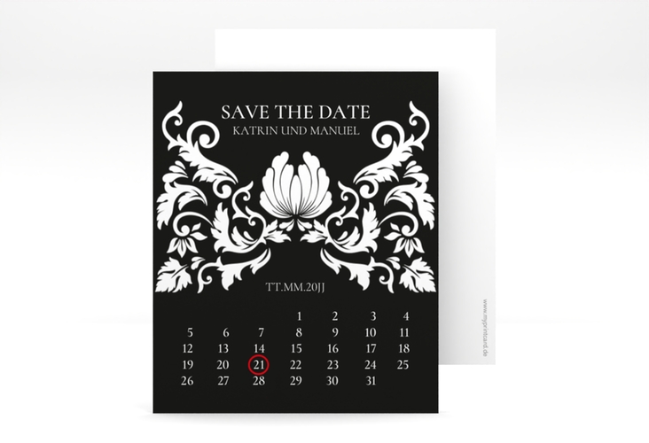 Save the Date-Kalenderblatt Royal Kalenderblatt-Karte schwarz hochglanz mit barockem Blumen-Ornament
