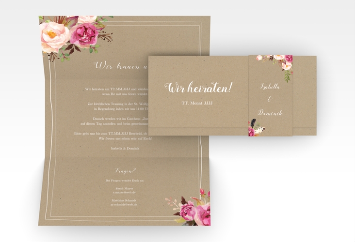 Hochzeitseinladung Flowers Wickelfalzkarte + Banderole Kraftpapier mit bunten Aquarell-Blumen