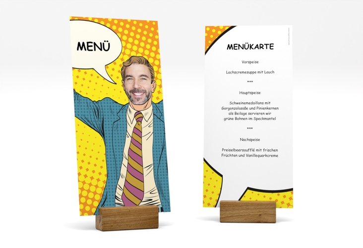 Menükarte Geburtstag Popart Man lange Karte hoch gelb