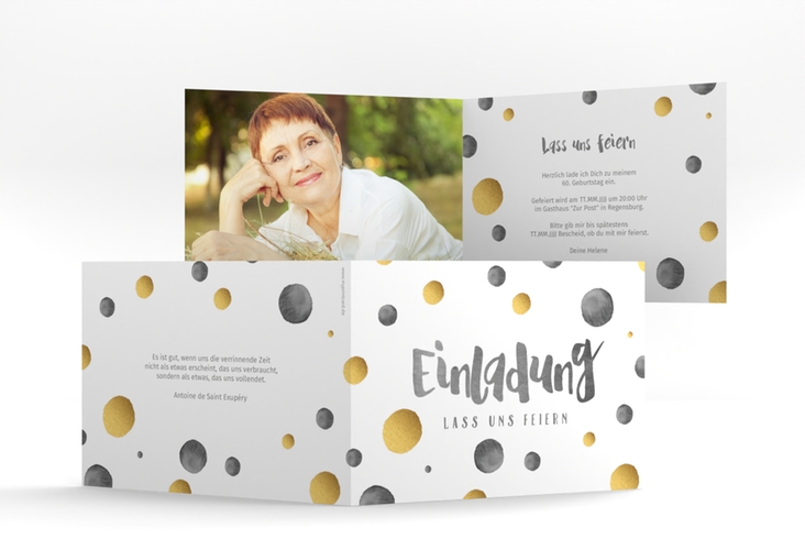 Einladung 60. Geburtstag Dots A6 Klappkarte quer schwarz