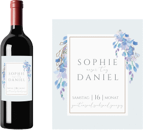Weinetikett zur Hochzeit Blauregen Etikett Weinflasche 4er Set blau mit Wisteria-Blüten