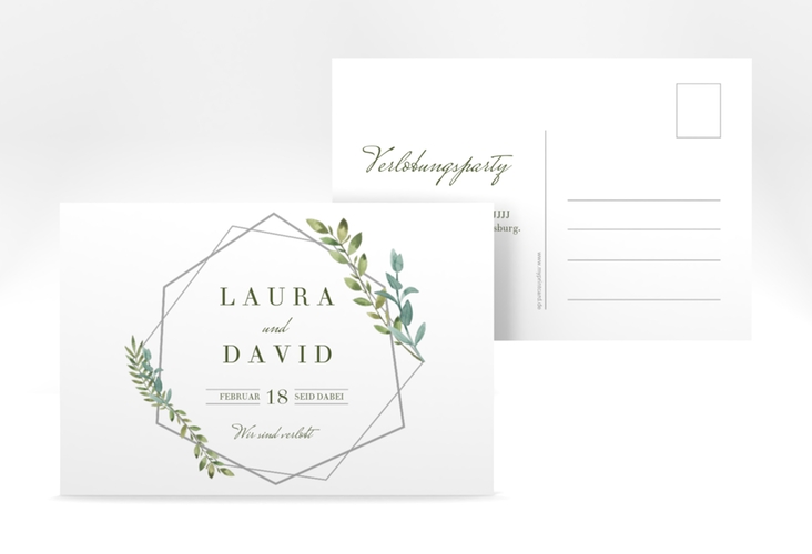 Verlobungskarte Hochzeit Herbarium A6 Postkarte grau mit geometrischem Rahmen und Blätter-Dekor