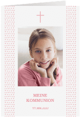 Kommunionseinladung Trinitas A6 Klappkarte hoch rosa mit kleinem Kreuz und Foto