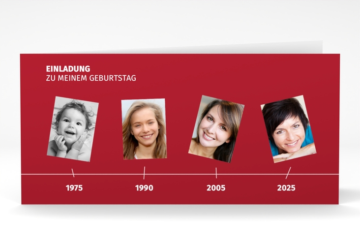 Einladung 50. Geburtstag Timeline lange Klappkarte quer rot hochglanz