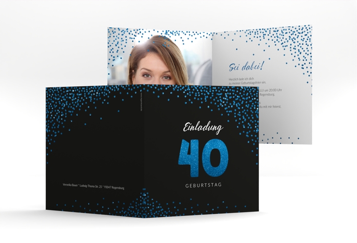 Einladung 40. Geburtstag Glitzer quadr. Klappkarte blau hochglanz