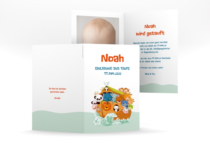 Einladungskarte Taufe Arche A6 Klappkarte hoch bunt