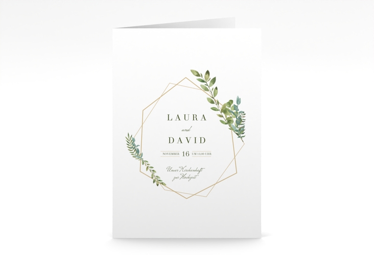 Kirchenheft Hochzeit Herbarium A5 Klappkarte hoch mit geometrischem Rahmen und Blätter-Dekor