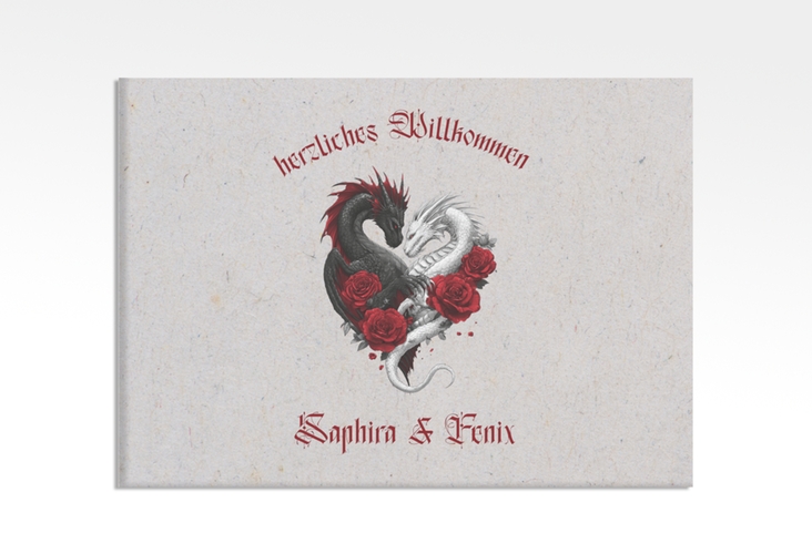 Willkommensschild Leinwand Drachenliebe 70 x 50 cm Leinwand grau mit schwarzem und weißem Drachen zu einem Herz verschlungen