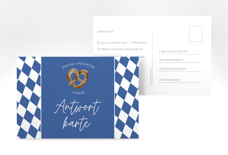 Antwortkarte Hochzeit Bayrisch A6 Postkarte blau mit weiß-blauen Rauten und Brezel in Herzform