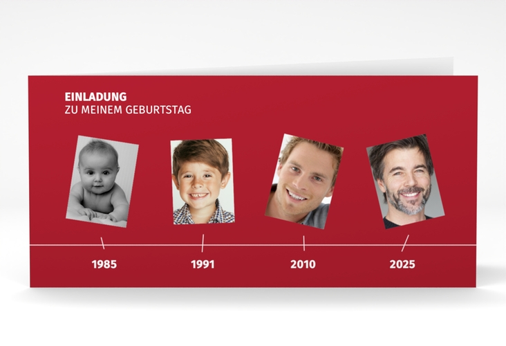 Einladung 40. Geburtstag Timeline lange Klappkarte quer rot