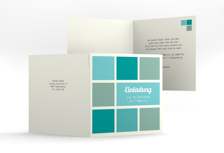 Einladung 40. Geburtstag Daniel/Daniela quadr. Klappkarte tuerkis in Retro-Farben