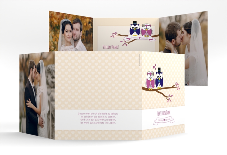 Dankeskarte Hochzeit Eulenliebe quadr. Doppel-Klappkarte beige