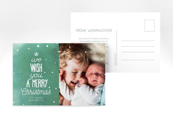 Weihnachtskarte Schneeglitzern A6 Postkarte gruen mit Aquarellfarbe und Kinderfoto